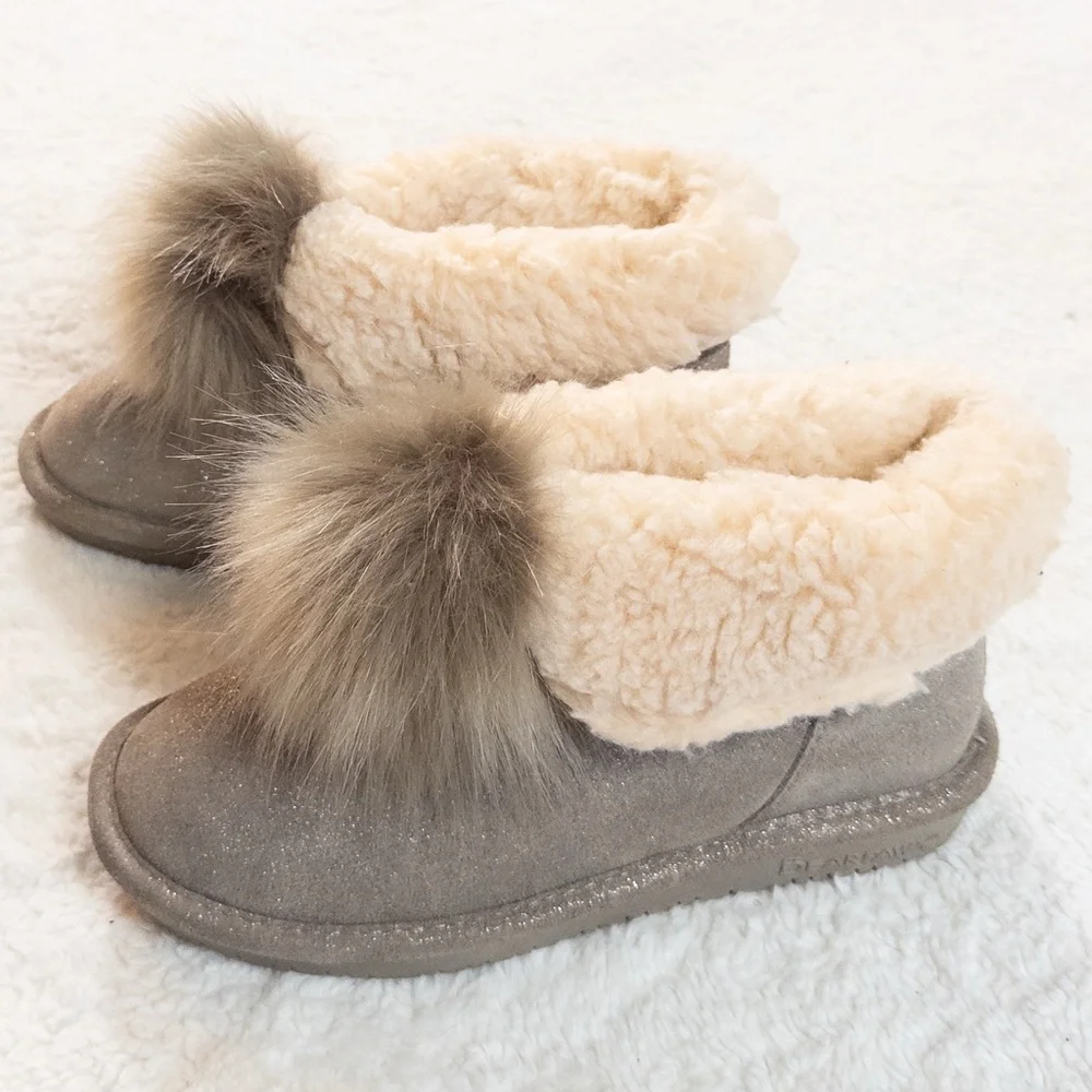 Bearpaw Women’s Size 8 Glitter Suede Boots with Fur Trim & Pom Poms
